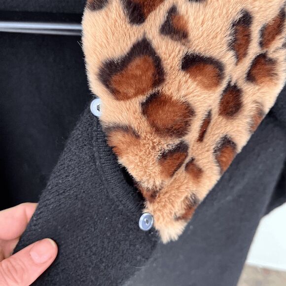 Ellen Tracy Wool-Blend Duster Coat Removable Faux Fur Leopard Collar SZ L - Picture 4 of 8